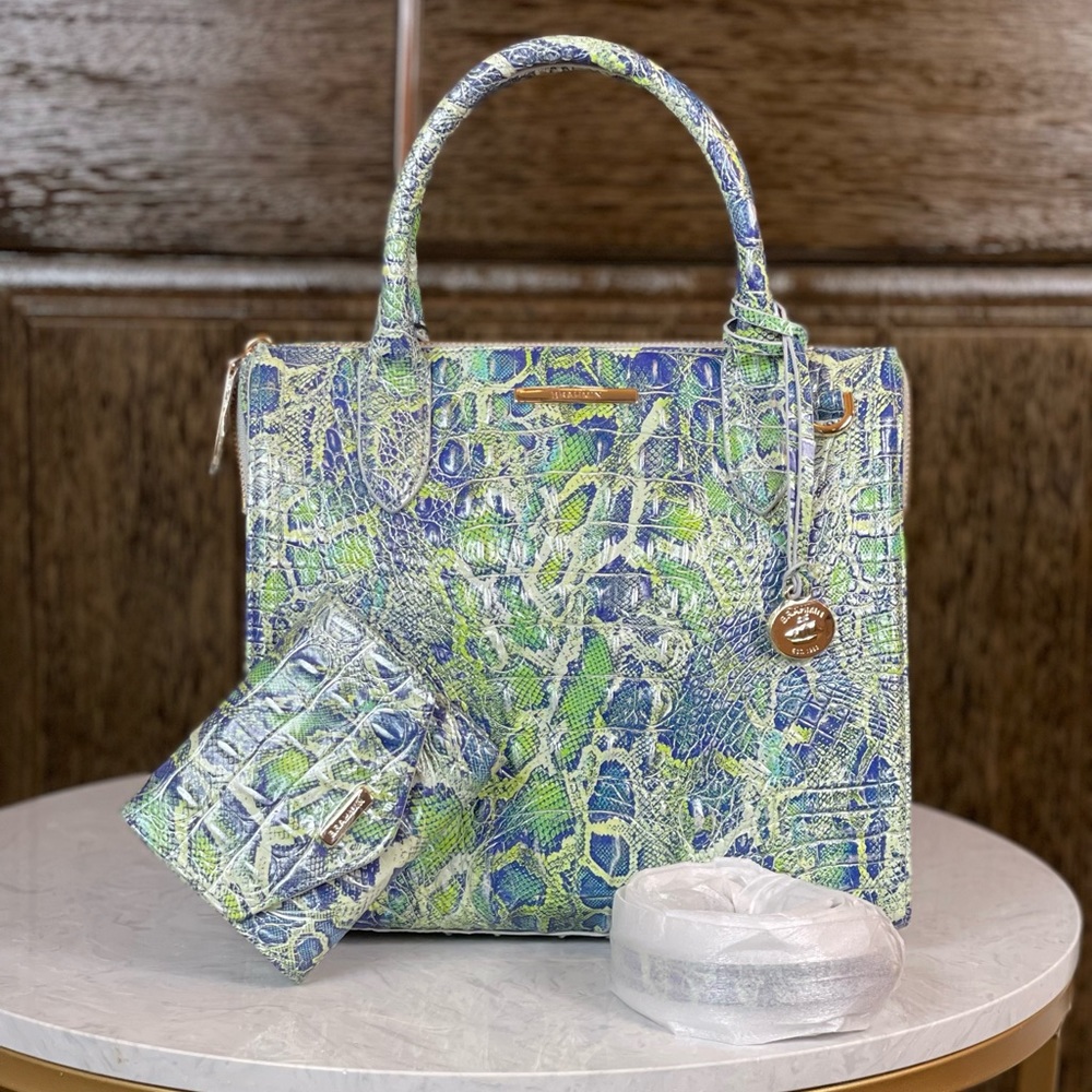 Brahmin Small Caroline Green Viper Melbourne Handbag Satchel + Wallet NWT